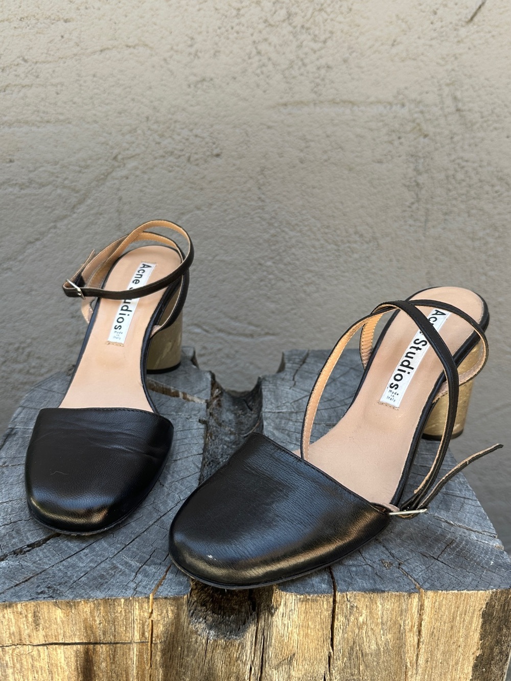 Acne Black Leather Slingback Block Heel Sandals